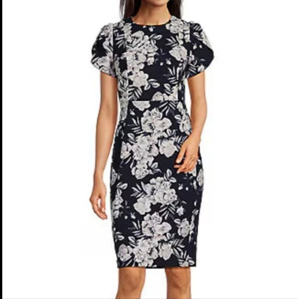 CALVIN KLEIN Navy Blue/White Floral Sheath Dress - Size 6